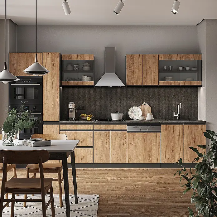 Vicco Küchenzeile R-Line Goldkraft Eiche J-Shape, mit Hochschrank, ohne Arbeitsplatte - Goldkraft Eiche, Ohne Elektrogeräte - Moderne Küche mit Holzoptik-Schränken, dunkler Rückwand, schwarzen Geräten und Essbereich.