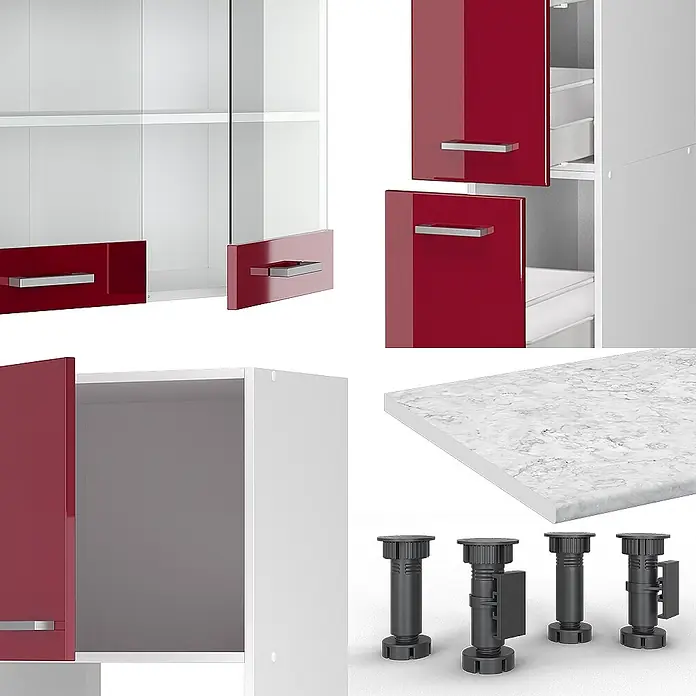 Vicco Küchenzeile R-Line Rot Hochglanz/Weiß mit Hochschrank, ohne Arbeitsplatte - Breite: 350 cm, Rot Hochglanz, Ohne Elektrogeräte - Verschiedene Küchenschrankkomponenten: glänzend rote Türen mit silbernen Griffen, weiße Schrankrahmen, weiße Arbeitsplatte mit Marmormuster und schwarze verstellbare Kunststofffüße.