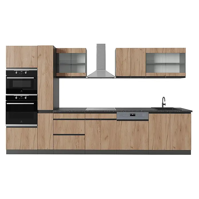Vicco Küchenzeile R-Line Goldkraft Eiche J-Shape, mit Hochschrank, ohne Arbeitsplatte - Goldkraft Eiche, Ohne Elektrogeräte - Moderne Küchenzeile mit hellen Holzmaserungsschränken, dunkler Arbeitsplatte, integrierten schwarzen Geräten und Dunstabzugshaube.
