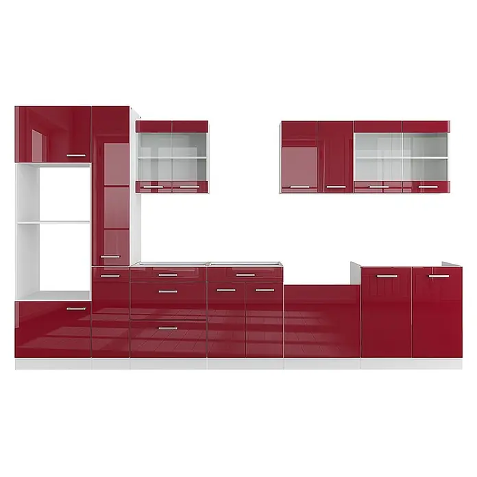 Vicco Küchenzeile R-Line Rot Hochglanz/Weiß mit Hochschrank, ohne Arbeitsplatte - Breite: 350 cm, Rot Hochglanz, Ohne Elektrogeräte - Rote Hochglanz-Küchenschrankgarnitur mit weißen Rahmen und einigen Oberteilen mit Glasfront.