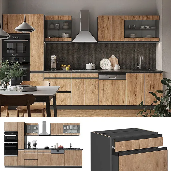 Vicco Küchenzeile R-Line Goldkraft Eiche J-Shape, mit Hochschrank, ohne Arbeitsplatte - Goldkraft Eiche, Ohne Elektrogeräte - Moderne Küche mit hellen Holzmaserungsfronten, dunkelgrauen Arbeitsplatten und integrierten Geräten. Mit Backofen, Geschirrspüler und Dunstabzugshaube.