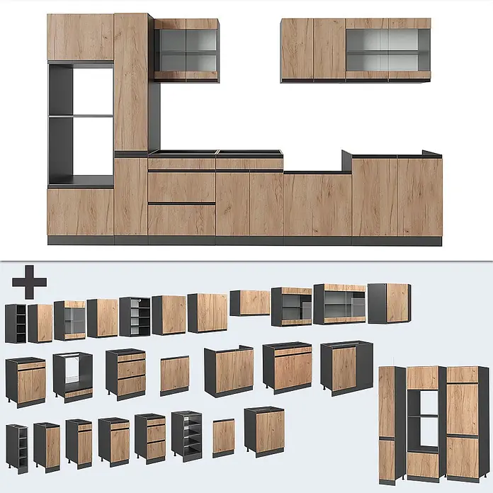 Vicco Küchenzeile R-Line Goldkraft Eiche J-Shape, mit Hochschrank, ohne Arbeitsplatte - Goldkraft Eiche, Ohne Elektrogeräte - Modulare Küchenschränke in heller Holzoptik und Dunkelgrau.