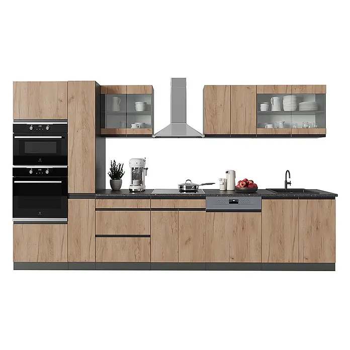 Vicco Küchenzeile R-Line Goldkraft Eiche J-Shape, mit Hochschrank, ohne Arbeitsplatte - Goldkraft Eiche, Ohne Elektrogeräte - Moderne Holzküche mit schwarzen Arbeitsplatten, integrierten Öfen, Kochfeld, Spüle, Geschirrspüler und Dunstabzugshaube.