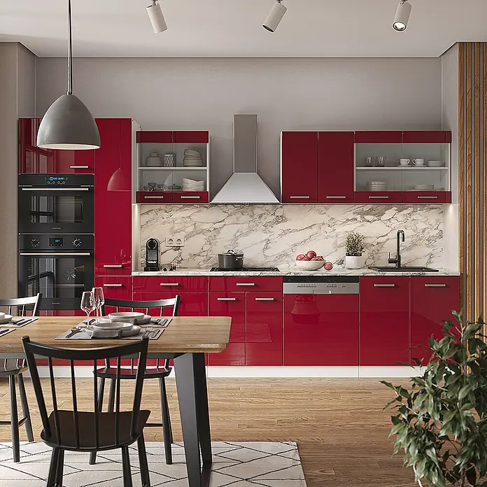 Vicco Küchenzeile R-Line Rot Hochglanz/Weiß mit Hochschrank, ohne Arbeitsplatte - Breite: 350 cm, Rot Hochglanz, Ohne Elektrogeräte - Moderne Küche mit eleganten, hochglänzenden roten Schränken, weißen Marmorarbeitsplatten und integrierten Geräten.