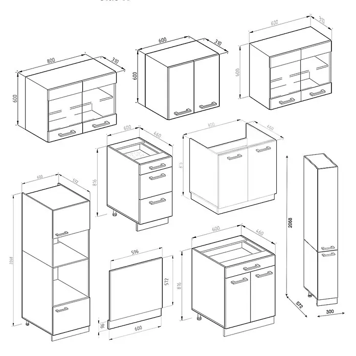 Vicco Küchenzeile R-Line Goldkraft Eiche J-Shape, mit Hochschrank, ohne Arbeitsplatte - Goldkraft Eiche, Ohne Elektrogeräte - Technische Zeichnung verschiedener modularer Küchenschrankkomponenten, inklusive Wand-, Unter- und Hochschränke, mit Maßen.