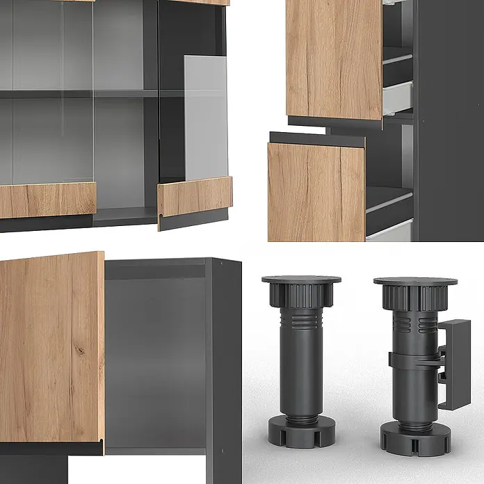 Vicco Küchenzeile R-Line Goldkraft Eiche J-Shape, mit Hochschrank, ohne Arbeitsplatte - Goldkraft Eiche, Ohne Elektrogeräte - Modulares Schranksystem mit Holzoptik- und dunkelgrauen Elementen, inklusive Glastüren, Schubladen und verstellbaren schwarzen Füßen.