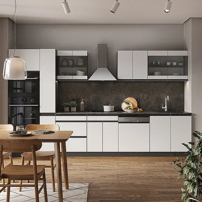 Vicco Küchenzeile R-Line Weiß/Anthrazit J-Shape, mit Hochschrank, ohne Arbeitsplatte - Breite: 350 cm, Weiß, Ohne Elektrogeräte - Moderne weiße Küche mit integrierten Geräten und dunklen Arbeitsplatten.