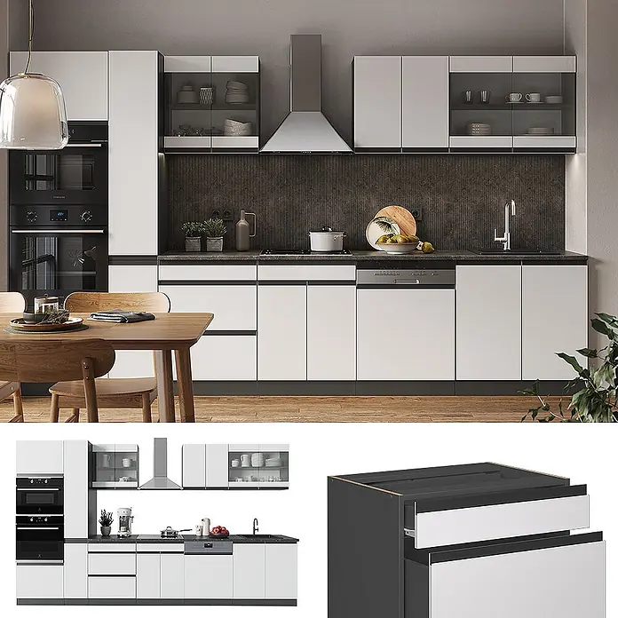Vicco Küchenzeile R-Line Weiß/Anthrazit J-Shape, mit Hochschrank, ohne Arbeitsplatte - Breite: 350 cm, Weiß, Ohne Elektrogeräte - Moderne weiße Küche mit Einbaugeräten, dunkler Arbeitsplatte und Essbereich.