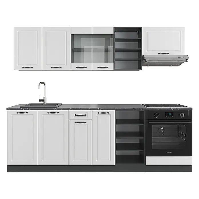 Vicco Küchenzeile R-Line Weiß Landhaus/Anthrazit, AP Anthrazit - Breite: 240 cm, Weiß Landhaus, Ohne Elektrogeräte - Weißes Küchenset mit Shaker-Schränken, dunkler Arbeitsplatte, integrierter Spüle, schwarzem Backofen und Kochfeld.
