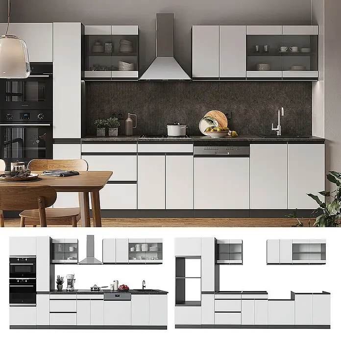 Vicco Küchenzeile R-Line Weiß/Anthrazit J-Shape, mit Hochschrank, ohne Arbeitsplatte - Breite: 350 cm, Weiß, Ohne Elektrogeräte - Moderne Küche mit weißen Unter- und Hängeschränken, dunklen Arbeitsplatten, integriertem Backofen, Kochfeld, Spüle und Geschirrspüler.