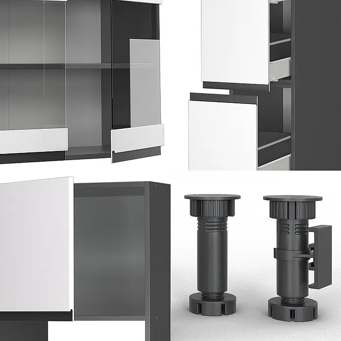 Vicco Küchenzeile R-Line Weiß/Anthrazit J-Shape, mit Hochschrank, ohne Arbeitsplatte - Breite: 350 cm, Weiß, Ohne Elektrogeräte - Modulare dunkelgraue Schranksysteme mit weißen Türen/Schubladen, Glaspaneelen und schwarzen verstellbaren Füßen.