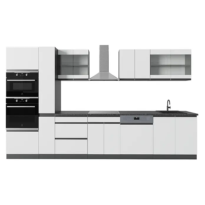 Vicco Küchenzeile R-Line Weiß/Anthrazit J-Shape, mit Hochschrank, ohne Arbeitsplatte - Breite: 350 cm, Weiß, Ohne Elektrogeräte - Moderne weiße Küche mit schwarzen Einbaugeräten, dunkelgrauer Arbeitsplatte und Edelstahlhaube.