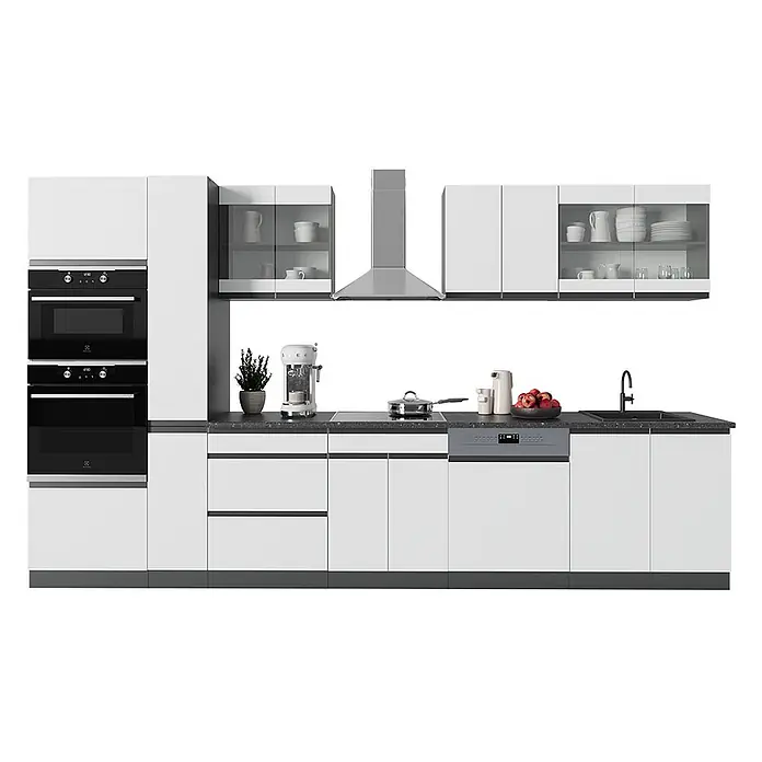 Vicco Küchenzeile R-Line Weiß/Anthrazit J-Shape, mit Hochschrank, ohne Arbeitsplatte - Breite: 350 cm, Weiß, Ohne Elektrogeräte - Moderne weiße Küche mit schwarzen Einbaugeräten, darunter Öfen, Kochfeld, Spüle, Geschirrspüler und Wandschränke.