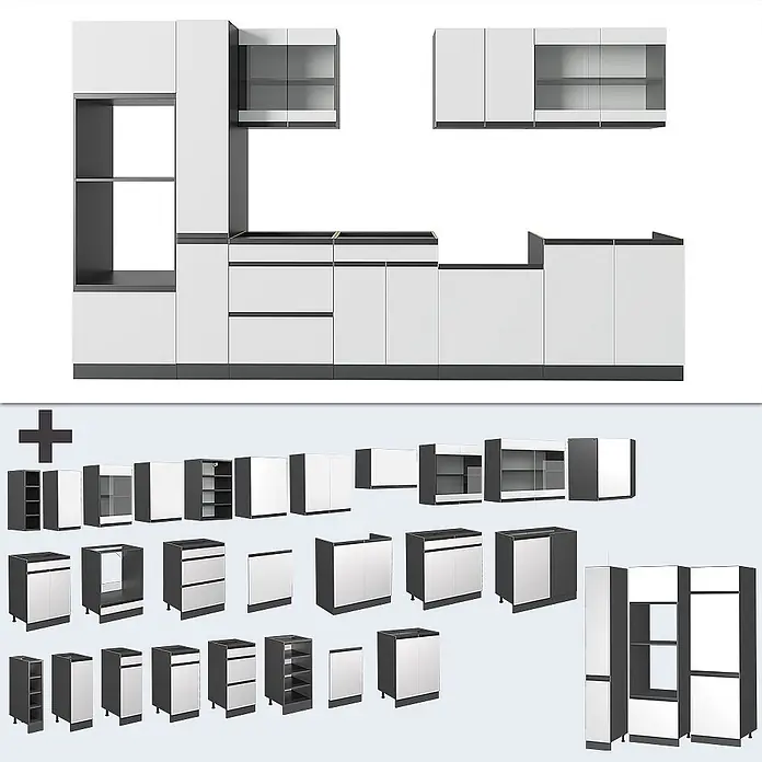 Vicco Küchenzeile R-Line Weiß/Anthrazit J-Shape, mit Hochschrank, ohne Arbeitsplatte - Breite: 350 cm, Weiß, Ohne Elektrogeräte - Modulares Küchensystem in Weiß und Dunkelgrau, mit verschiedenen Unter-, Wand- und Hochschränken für flexible Konfigurationen.