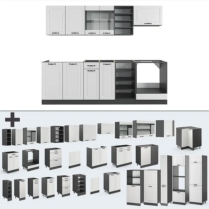 Vicco Küchenzeile R-Line Weiß Landhaus/Anthrazit, AP Anthrazit - Weiß Landhaus, Ohne Elektrogeräte - Modulares Küchenschranksystem mit weißen Türen und dunkelgrauen Rahmen, montiert und als Einzelteile gezeigt.