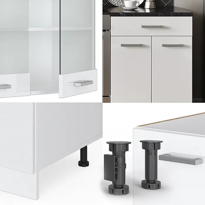Vicco Küchenzeile R-Line Weiß Hochglanz/Weiß ohne Arbeitsplatte - Weiß Hochglanz, Ohne Elektrogeräte - Weiße modulare Küchenschränke mit silbernen Griffen, Glastüren und schwarzen verstellbaren Füßen.