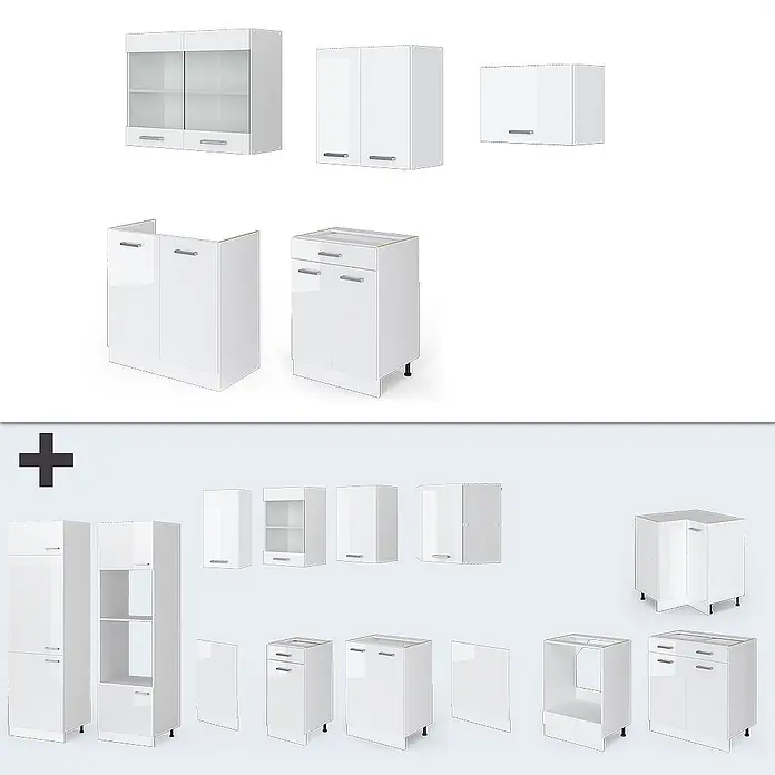 Vicco Küchenzeile R-Line Weiß Hochglanz/Weiß ohne Arbeitsplatte - Weiß Hochglanz, Ohne Elektrogeräte - Verschiedene weiße Küchenschrankmodule, darunter Unter-, Ober- und Hochschränke, teils mit Glastüren.