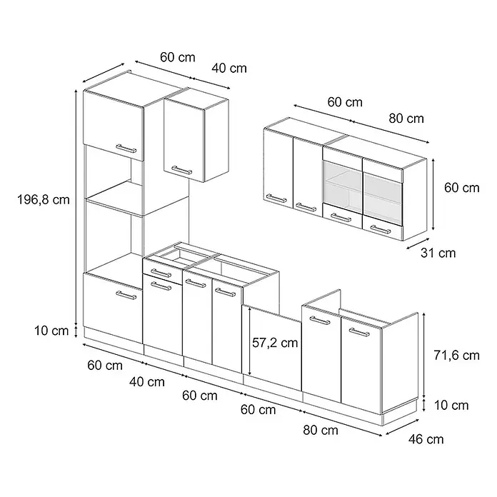 Vicco Küchenzeile R-Line Rot Hochglanz mit Hochschrank, ohne Arbeitsplatte - Rot Hochglanz, Ohne Elektrogeräte - Modulares Küchenschrank-Set mit verschiedenen Ober- und Unterschränken und abgebildeten Maßen.