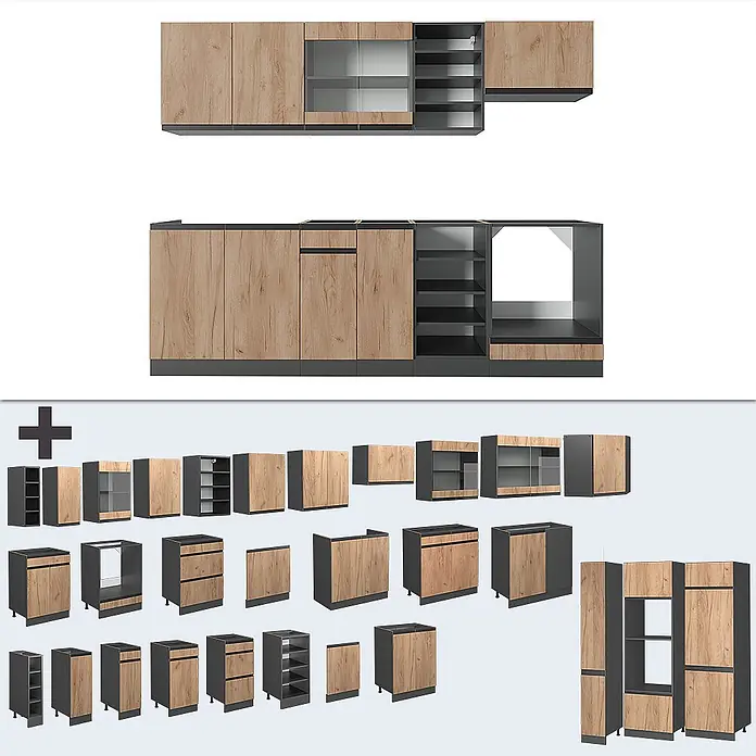 Vicco Küchenzeile R-Line Goldkraft Eiche/Anthrazit J-Shape, AP Eiche - Goldkraft Eiche, Ohne Elektrogeräte - Modulares Küchensystem mit hellen Holzmaserungsschränken und dunkelgrauen Rahmen, montiert und als Einzelteile.