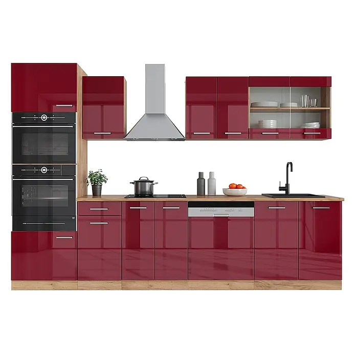 Vicco Küchenzeile R-Line Rot Hochglanz mit Hochschrank, ohne Arbeitsplatte - Rot Hochglanz, Ohne Elektrogeräte - Moderne Küche mit hochglanzroten Schränken, Holzarbeitsplatten, Einbaubacköfen, Kochfeld, Spüle, Geschirrspüler und Dunstabzugshaube.