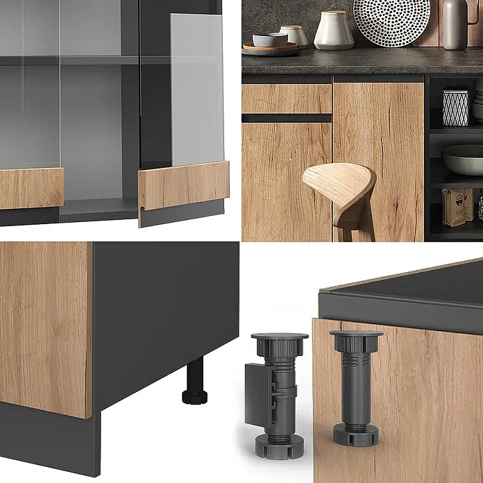 Vicco Küchenzeile R-Line Goldkraft Eiche/Anthrazit J-Shape, AP Eiche - Goldkraft Eiche, Ohne Elektrogeräte - Modulare Küchenschrankelemente in Dunkelgrau und hellem Holz, mit Glasschiebetüren, ergonomischen Griffen und verstellbaren Füßen.