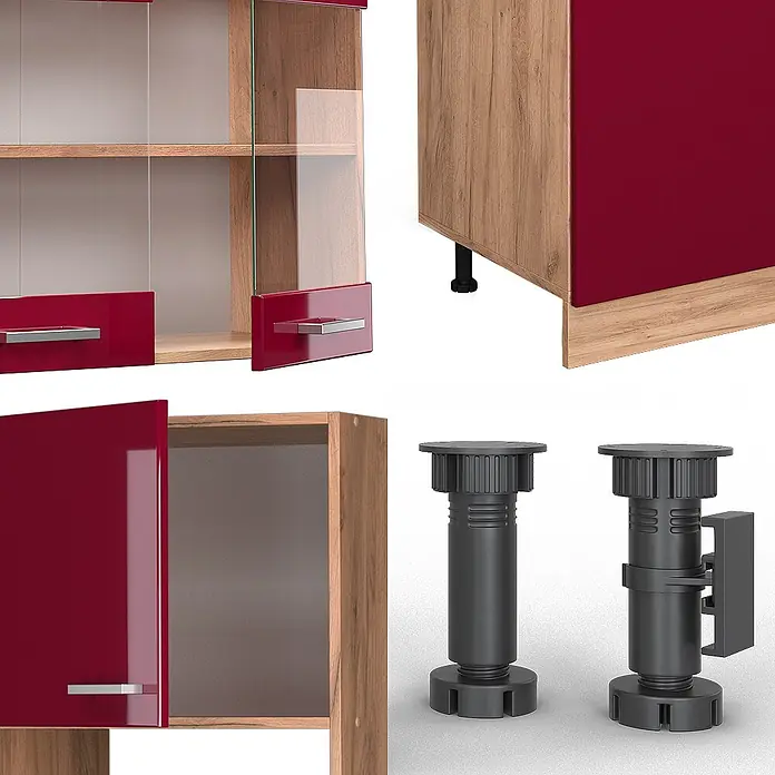 Vicco Küchenzeile R-Line Rot Hochglanz mit Hochschrank, ohne Arbeitsplatte - Rot Hochglanz, Ohne Elektrogeräte - Rote und Holz-Optik Schrankteile mit silbernen Griffen und schwarzen verstellbaren Möbelfüßen.