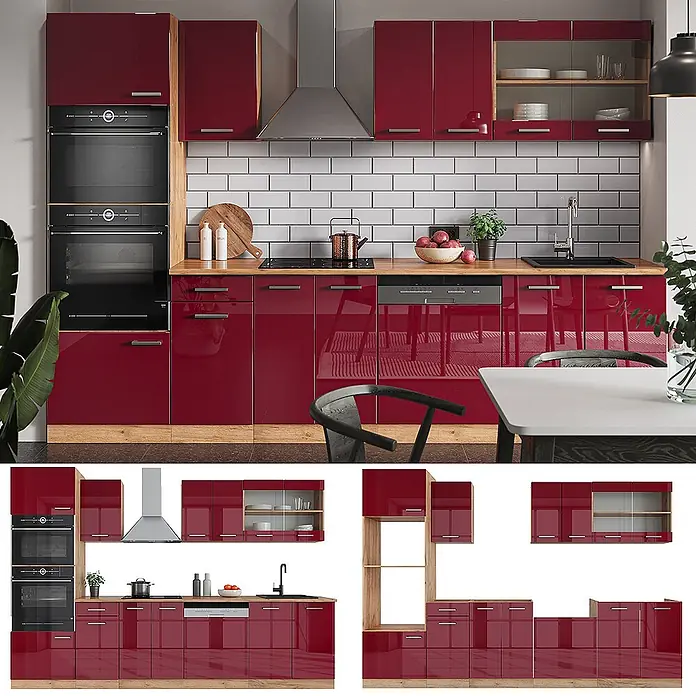 Vicco Küchenzeile R-Line Rot Hochglanz mit Hochschrank, ohne Arbeitsplatte - Rot Hochglanz, Ohne Elektrogeräte - Hochglanz-dunkelrotes, modulares Küchenschrank-Set mit Holzdetails und integrierten Geräten.