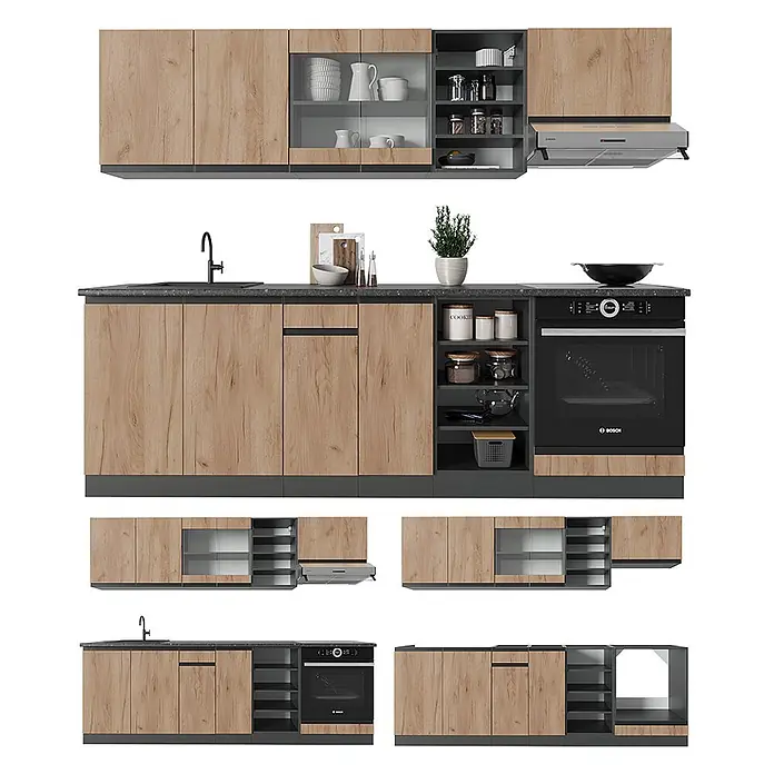 Vicco Küchenzeile R-Line Goldkraft Eiche/Anthrazit J-Shape, AP Eiche - Goldkraft Eiche, Ohne Elektrogeräte - Moderne Küche mit hellen Holzmaserungsschränken, dunkler Arbeitsplatte und integrierten schwarzen Geräten (Ofen, Spüle).