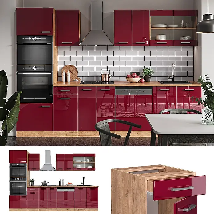 Vicco Küchenzeile R-Line Rot Hochglanz mit Hochschrank, ohne Arbeitsplatte - Rot Hochglanz, Ohne Elektrogeräte - Moderne Küche mit hochglänzenden roten Schränken, hellen Holz-Arbeitsplatten und integrierten Geräten.
