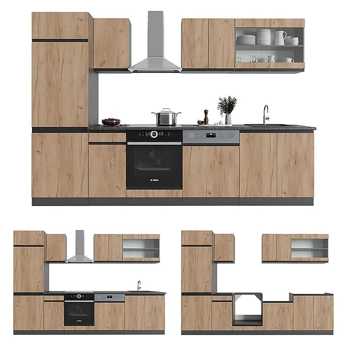 Vicco Küchenzeile R-Line Goldkraft Eiche/Anthrazit J-Shape, AP Eiche - Breite: 300 cm, Goldkraft Eiche, Ohne Elektrogeräte - Modulare Küche aus heller Eiche mit schwarzen Akzenten, integriertem Backofen, Geschirrspüler, Spüle und Dunstabzugshaube.