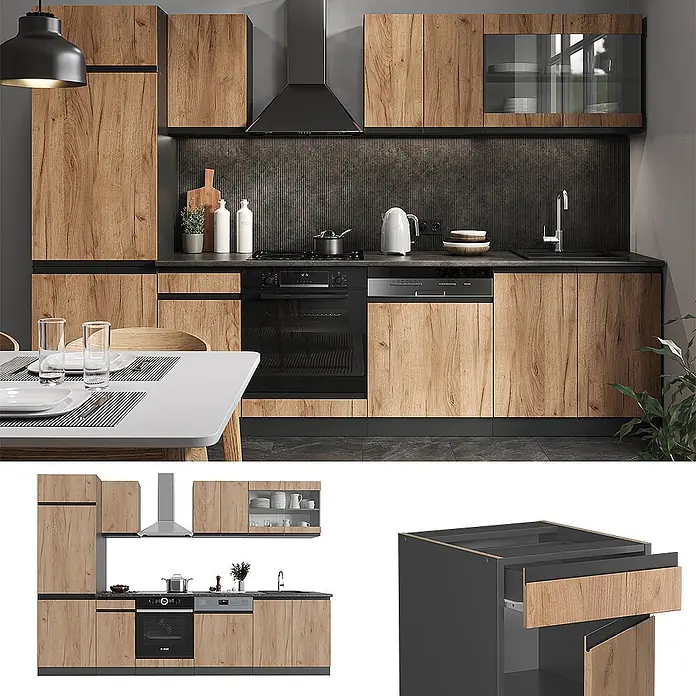 Vicco Küchenzeile R-Line Goldkraft Eiche/Anthrazit J-Shape, AP Eiche - Breite: 300 cm, Goldkraft Eiche, Ohne Elektrogeräte - Moderne Küchenzeile mit Holzdekorfronten, dunkelgrauen Elementen und integrierten Geräten. Inklusive Hochschrank, Ober- und Unterschränke.