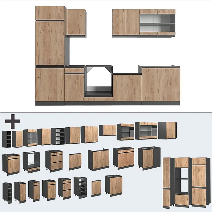 Vicco Küchenzeile R-Line Goldkraft Eiche/Anthrazit J-Shape, AP Eiche - Breite: 300 cm, Goldkraft Eiche, Ohne Elektrogeräte - Modulare Küchenschränke mit heller Holzoptik und dunkelgrauen Rahmen, zeigen diverse Einheiten für Stauraum und Geräte.