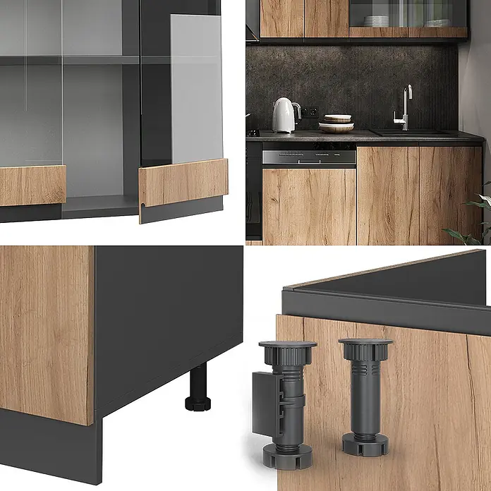 Vicco Küchenzeile R-Line Goldkraft Eiche/Anthrazit J-Shape, AP Eiche - Breite: 300 cm, Goldkraft Eiche, Ohne Elektrogeräte - Moderne Küchenschränke: dunkle Rahmen, helle Holzfronten, Glastüren. Details zeigen verstellbare Füße und Sockel.