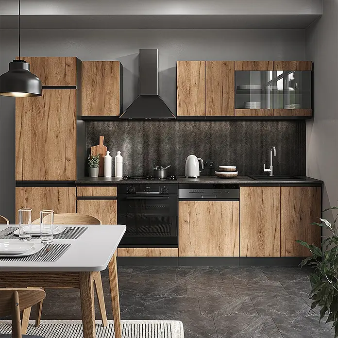 Vicco Küchenzeile R-Line Goldkraft Eiche/Anthrazit J-Shape, AP Eiche - Breite: 300 cm, Goldkraft Eiche, Ohne Elektrogeräte - Moderne Küche mit Holzmaserungsschränken, dunkler Arbeitsplatte in Steinoptik und eingebautem schwarzem Backofen und Geschirrspüler.