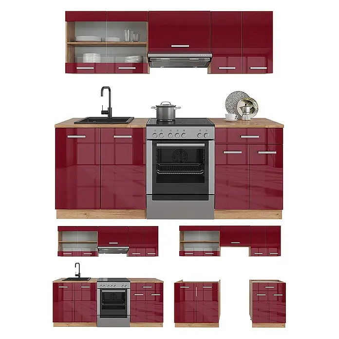 Vicco Küchenzeile R-Line Rot Hochglanz/Goldkraft Eiche ohne Arbeitsplatte - Rot Hochglanz, Ohne Elektrogeräte - Modulare Küchenzeile mit hochglanzroten Schränken, hellen Holzplatten und integrierter Spüle, Herd, Backofen, Dunstabzugshaube. Ober- und Unterschränke enthalten.