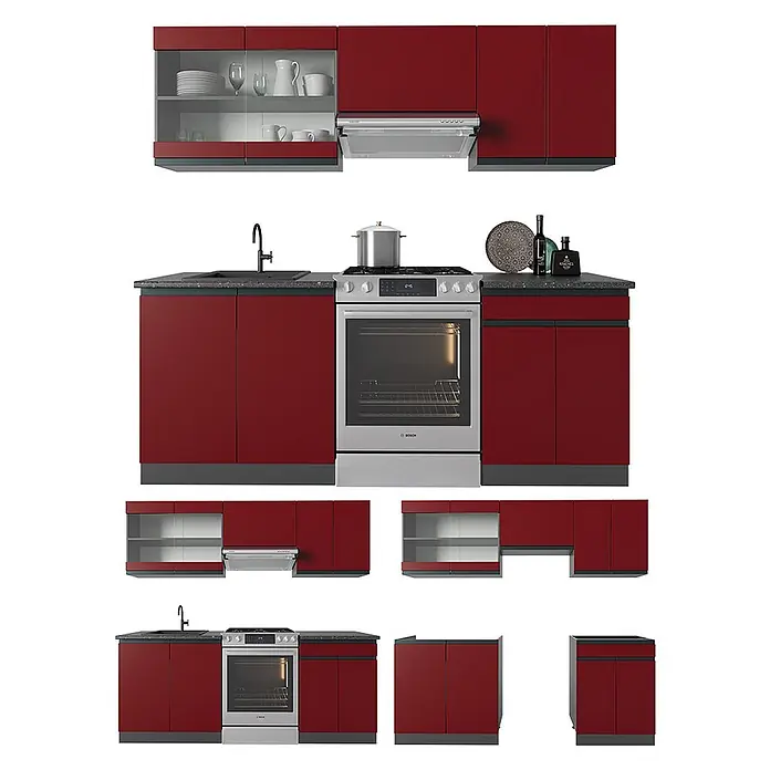Vicco Küchenzeile R-Line Rot/Anthrazit J-Shape - Rot, Ohne Elektrogeräte - Modulküche mit dunkelroten Schränken, dunklen Arbeitsplatten, Edelstahlgeräten wie Backofen, Spüle und Dunstabzugshaube. Einige Oberschränke haben Glastüren.