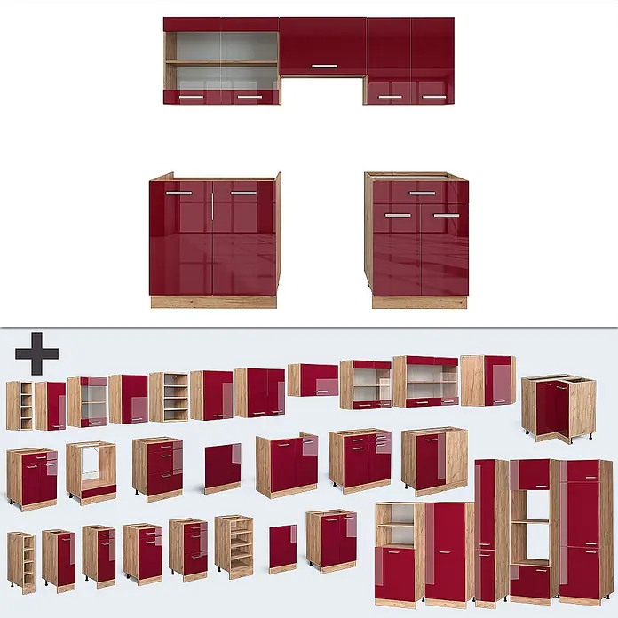 Vicco Küchenzeile R-Line Rot Hochglanz/Goldkraft Eiche ohne Arbeitsplatte - Rot Hochglanz, Ohne Elektrogeräte - Modulare Küchenschränke mit hochglänzenden roten Fronten und hellen Holzrahmen, inkl. Ober-, Unter- und Hochschränke.