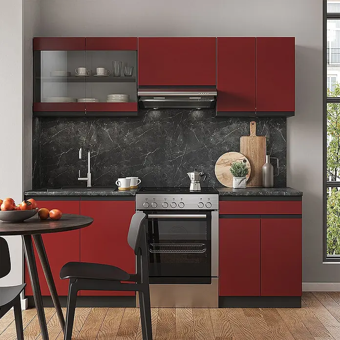 Vicco Küchenzeile R-Line Rot/Anthrazit J-Shape - Rot, Ohne Elektrogeräte - Moderne rote Küchenzeile mit schwarzer Marmor-Arbeitsplatte, integrierter Spüle und Edelstahlgeräten.