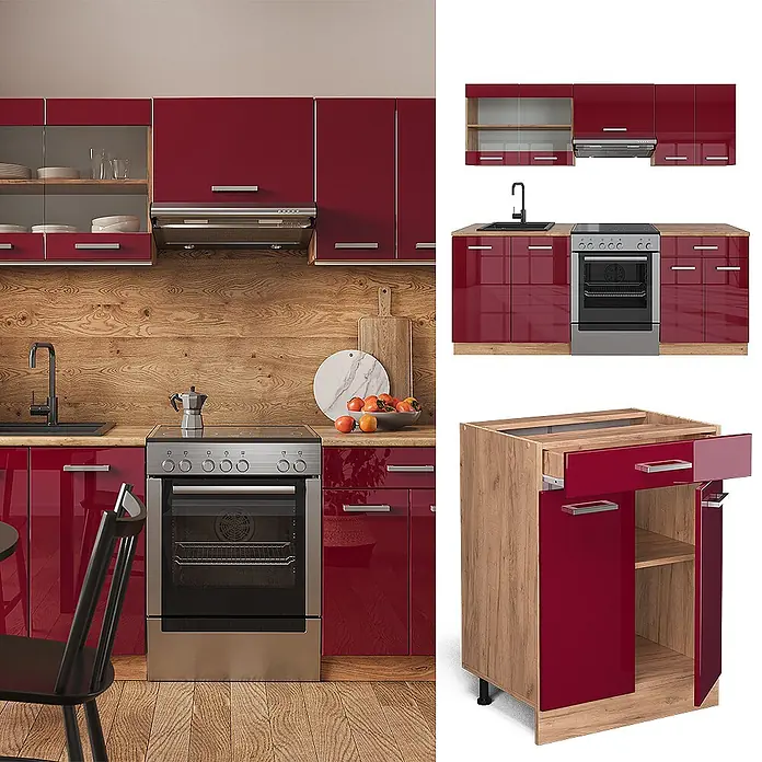 Vicco Küchenzeile R-Line Rot Hochglanz/Goldkraft Eiche ohne Arbeitsplatte - Rot Hochglanz, Ohne Elektrogeräte - Moderne Küchenzeile mit glänzend roten Fronten und Holzdekorplatten, inklusive Ober- und Unterschränken, integriertem Ofen, Kochfeld und Spüle.