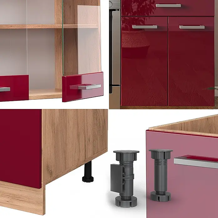 Vicco Küchenzeile R-Line Rot Hochglanz/Goldkraft Eiche ohne Arbeitsplatte - Rot Hochglanz, Ohne Elektrogeräte - Rot glänzende und holzfarbene modulare Schrankkomponenten, inklusive verstellbarer Füße und Glastürbereichen.