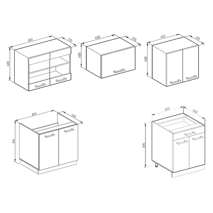 Vicco Küchenzeile R-Line Rot/Anthrazit J-Shape - Rot, Ohne Elektrogeräte - Strichzeichnungen von Küchenschränken: verschiedene Hänge- und Unterschränke mit Türen, Schubladen und Maßen.