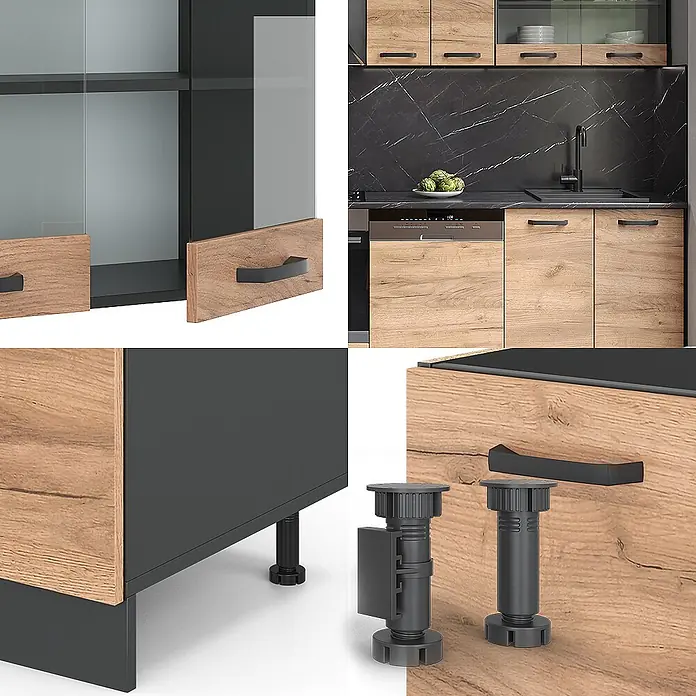 Vicco Küchenzeile R-Line, Goldkraft Eiche/Anthrazit, 300 cm -  - Moderne Küchenschränke mit Holzoptik-Fronten, dunkelgrauen Korpen und schwarzen Griffen. Nahaufnahmen zeigen verstellbare Füße und Glasdetails.