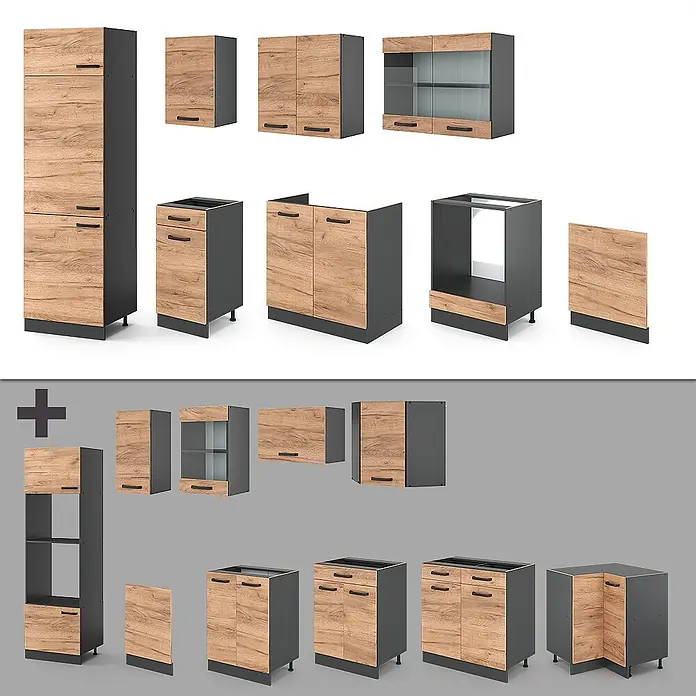 Vicco Küchenzeile R-Line, Goldkraft Eiche/Anthrazit, 300 cm -  - Modulares Küchenschranksystem mit hellen Holzmaserungsfronten und dunkelgrauen Korpusse. Verschiedene Unter-, Ober- und Hochschränke.