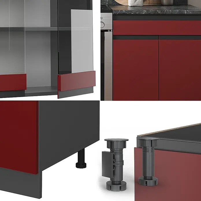 Vicco Küchenzeile R-Line Rot/Anthrazit J-Shape - Rot, Ohne Elektrogeräte - Dunkelrote Küchenschranktüren/-paneele, dunkelgraue Rahmen, Glaseinsätze und schwarze verstellbare Stützfüße.