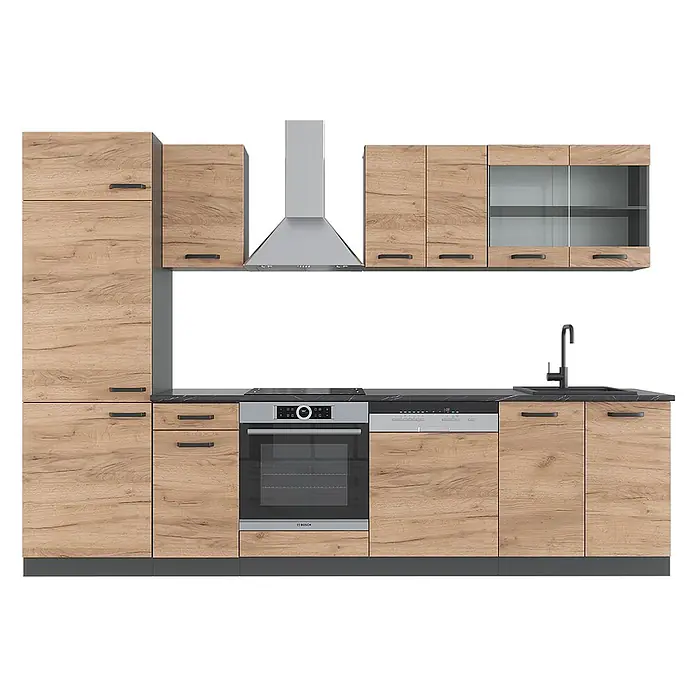 Vicco Küchenzeile R-Line Goldkraft Eiche/Anthrazit, AP Anthrazit - Breite: 300 cm, Goldkraft Eiche, Ohne Elektrogeräte - Moderne Küchenzeile mit hellen Holzfronten, schwarzer Arbeitsplatte und integrierten Edelstahlgeräten.