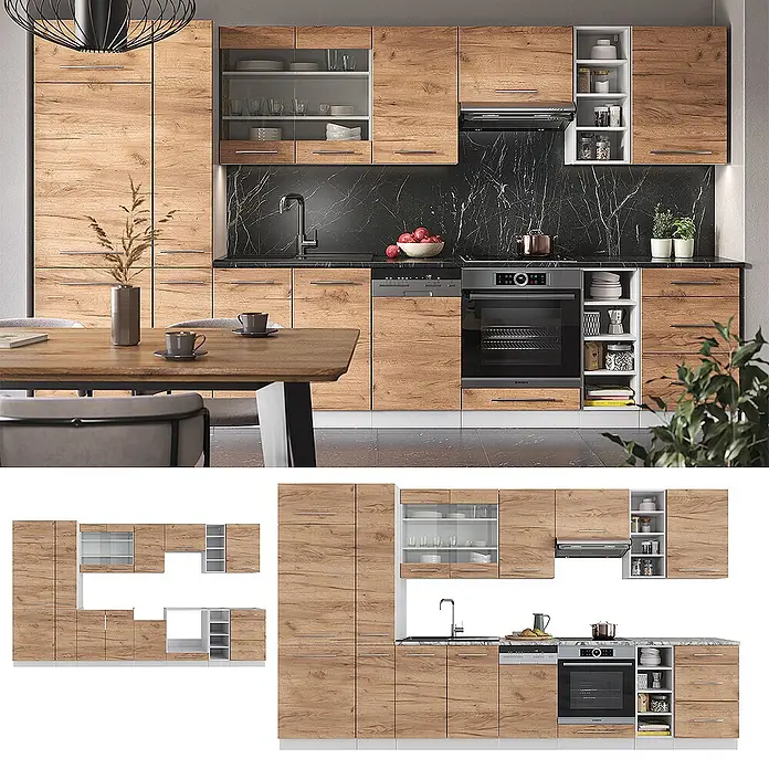 Vicco Küchenzeile Fame-Line Goldkraft Eiche/Weiß, AP Anthrazit - Breite: 355 cm, Goldkraft Eiche, Ohne Elektrogeräte - Moderne Küche mit Holzschränken, schwarzer Marmor-Arbeitsplatte und integrierten Geräten.