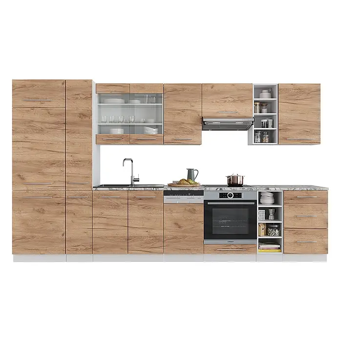Vicco Küchenzeile Fame-Line Goldkraft Eiche/Weiß, AP Anthrazit - Breite: 355 cm, Goldkraft Eiche, Ohne Elektrogeräte - Moderne Küche mit Holzoptik- und weißen Schränken, Arbeitsplatte in Marmoroptik. Integrierter Backofen, Geschirrspüler und Spüle.