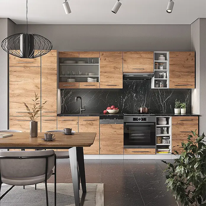 Vicco Küchenzeile Fame-Line Goldkraft Eiche/Weiß, AP Anthrazit - Breite: 355 cm, Goldkraft Eiche, Ohne Elektrogeräte - Moderne Küche mit hellen Holzoptik-Schränken, schwarzem Marmor-Spritzschutz, integrierten Geräten und einem Essbereich.