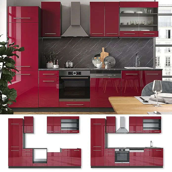 Vicco Küchenzeile Fame-Line Bordeaux Hochglanz/Anthrazit, AP Eiche - Breite: 300 cm, Bordeaux Hochglanz, Ohne Elektrogeräte - Hochglanzrotes modulares Küchen-Set mit verschiedenen Konfigurationen, Ofen und Spüle.