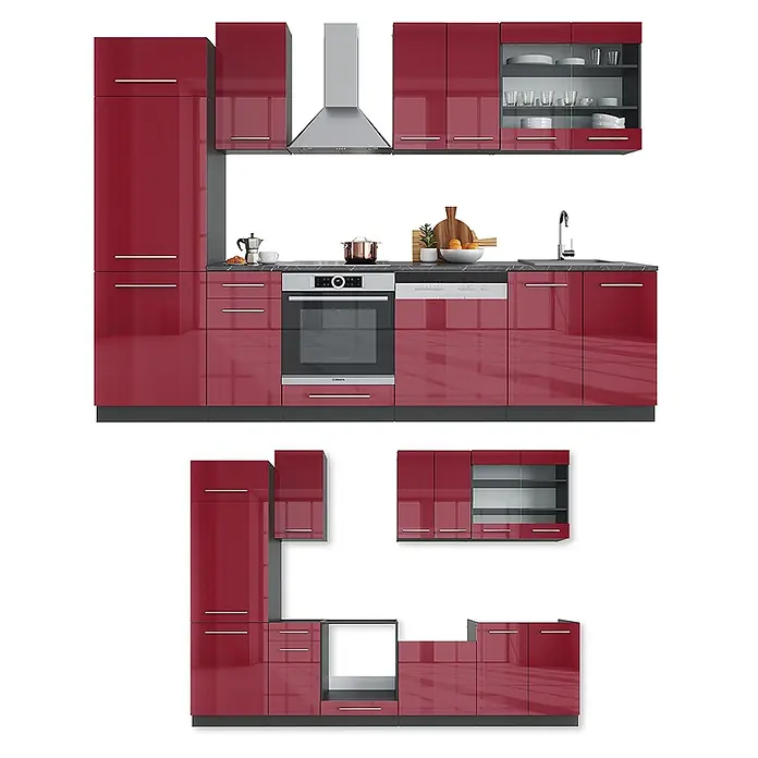 Vicco Küchenzeile Fame-Line Bordeaux Hochglanz/Anthrazit, AP Eiche - Breite: 300 cm, Bordeaux Hochglanz, Ohne Elektrogeräte - Modernes, glänzend rotes Modulküchenset mit integrierten Geräten und Stauraum.